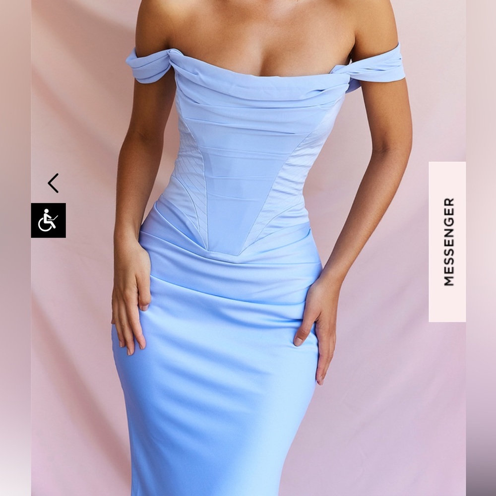 House of CB, size Small, light blue off the shoulder corset midi dress